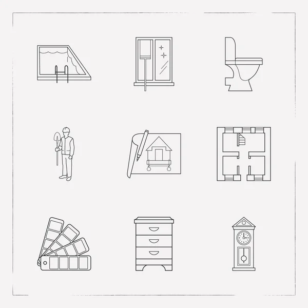 Set of interior icons line style symbols with window cleaning, wall clock, worker and other icons for your web mobile app logo design.