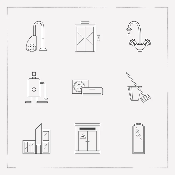 Conjunto de símbolos de estilo de línea de iconos interiores con grúa de agua, espejo de gran tamaño, ascensor y otros iconos para el diseño del logotipo de su aplicación móvil web . — Archivo Imágenes Vectoriales