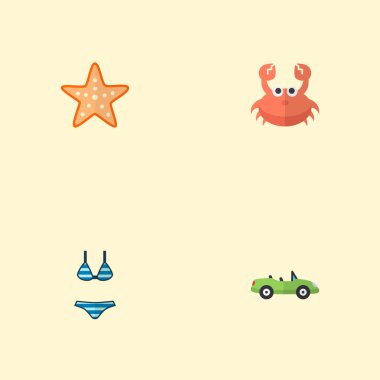 Yengeç, cabriolet, bikini ve diğer simgeler web mobil app logo tasarımı için sezon simgeler düz stil sembollerle kümesi.