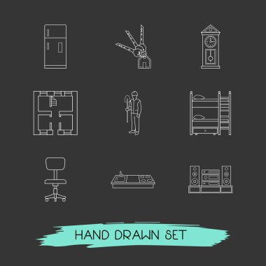 Dekorasyon simgeler çizgi stili sembolleri ile kat planı, buzdolabı, ev anahtarları ve diğer simgeler web mobil app logo tasarımı için kümesi.