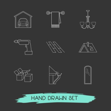 Tasarım simgeler çizgi stili sembolleri kutuları, garaj, avize simgeler web mobil app logo tasarımı için kümesi.