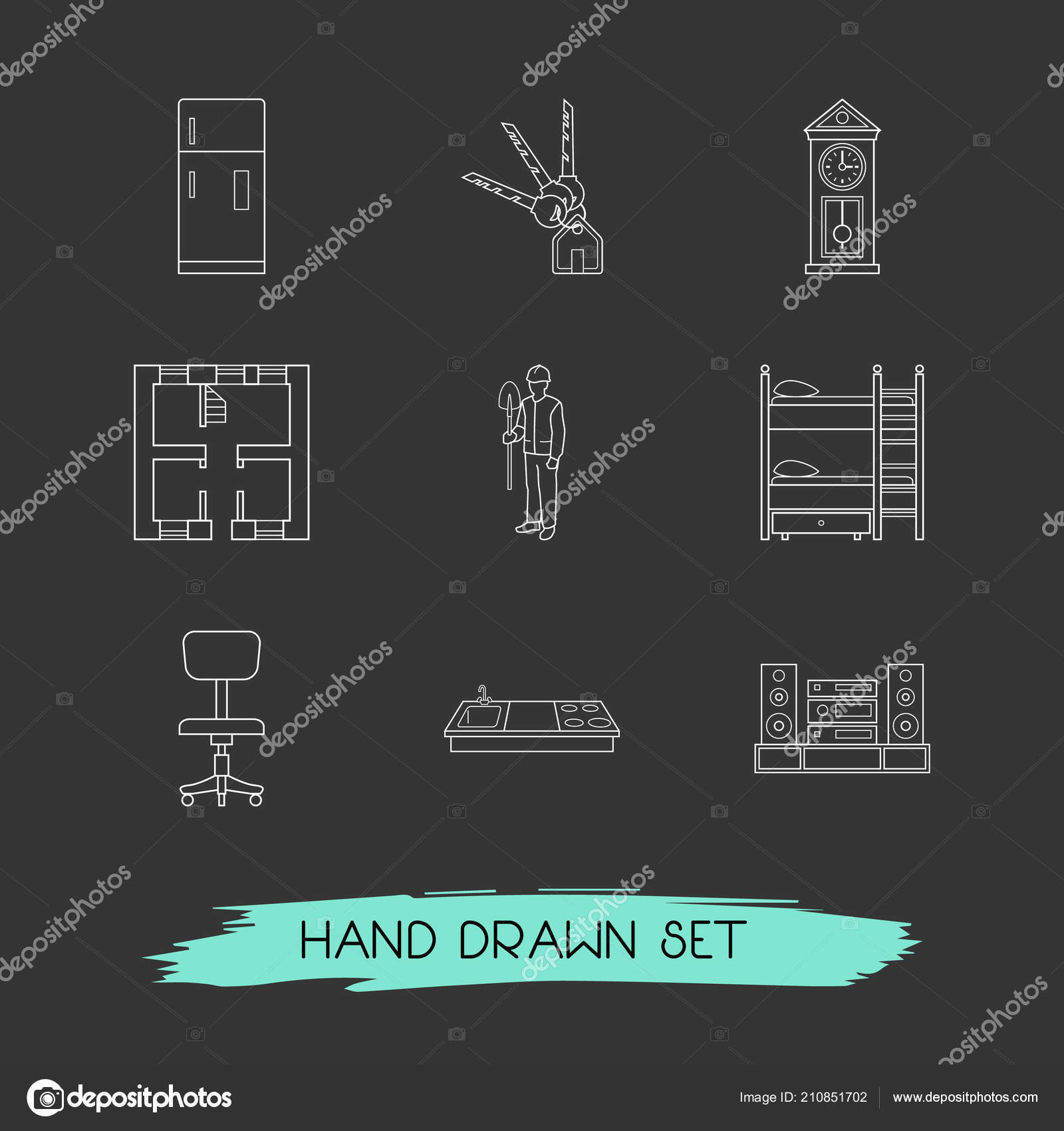Set Of Decoration Icons Line Style Symbols With Floor Plan Fridge