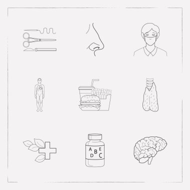 Vitaminler, yüz maskesi, insan vücudu ve diğer simgeler web mobil app logo tasarımı için anatomik simgeler çizgi stili sembollerle kümesi.
