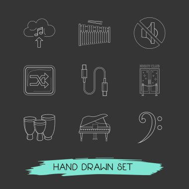 Melodi simgeler kümesi tarzı simgeleri djembe ile satır, düğme, ksilofon ve diğer simgeler web mobil app logo tasarımı için shuffle.