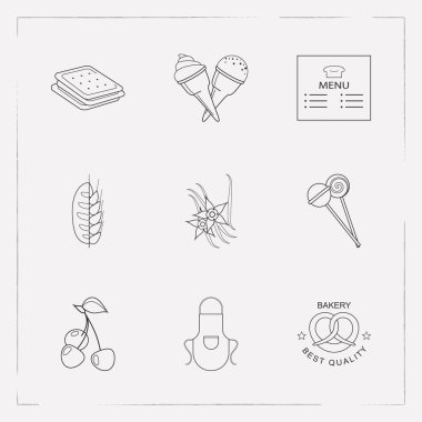 Pasta simgeler çizgi stili sembolleri ekmek ile dizi işareti, kiraz, vanilya ve diğer simgeler web mobil app logo tasarımı için.