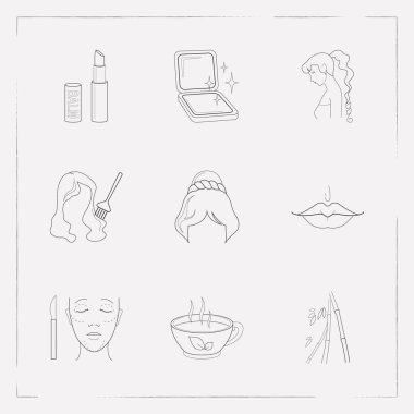 Glamour simgeler çizgi stili sembolleri ile saç boyama, at kuyruğu saç, peruk ve diğer simgeler web mobil app logo tasarımı için kümesi.