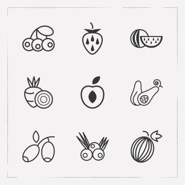 Berry simgeler çizgi stili sembolleri pancar, çilek, squash ve diğer simgeler web mobil app logo tasarımı için kümesi.