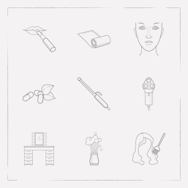 Glamour simgeler çizgi stili sembolleri ile yoga mat, makyaj masası, bitkisel ilaçlar ve diğer simgeler web mobil app logo tasarımı için kümesi.