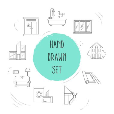 Dekorasyon simgeler çizgi stili sembollerle modern ev, elektrik, oluk ve diğer simgeler web mobil app logo tasarımı için kümesi.