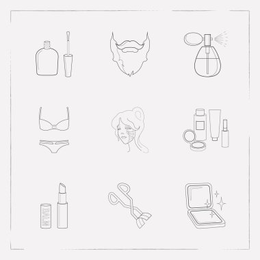 Glamour simgeler çizgi stili sembolleri ile yüz Vakfı, dudak kremi, yüz sanat ve diğer simgeler web mobil app logo tasarımı için kümesi.