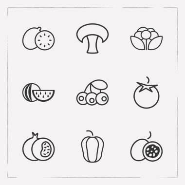 Vitamini simgeler çizgi stili sembolleri kivi, dolmalık biber, domates ve diğer simgeler web mobil app logo tasarımı için kümesi.