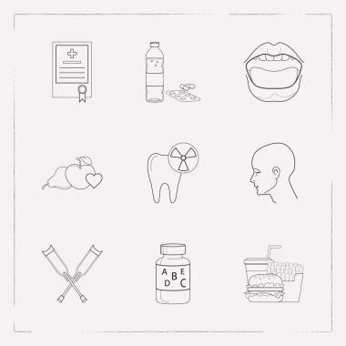 Vitaminler, insan kafası, diş röntgen ve diğer simgeler web mobil app logo tasarımı için anatomi simgeler çizgi stili kümesi simgeleri.