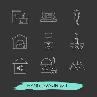 Dekorasyon simgeler çizgi stili sembolleri ile garaj, cihazı, ses sistemi ve diğer simgeler web mobil app logo tasarımı için kümesi.