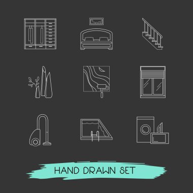 Dolap, cihaz, iç dekorasyon ve diğer simgeler web mobil app logo tasarımı için iç simgeler çizgi stili sembollerle kümesi.