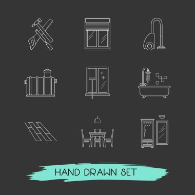 Dekorasyon simgeler çizgi stili sembolleri döşeme, marangoz Aracı, yemek odası ve diğer simgeler web mobil app logo tasarımı için kümesi.