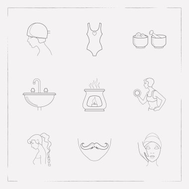 Glamour simgeler çizgi stili sembolleri ile tek parça mayo, lavabo, saç bakımı ve diğer simgeler web mobil app logo tasarımı için kümesi.