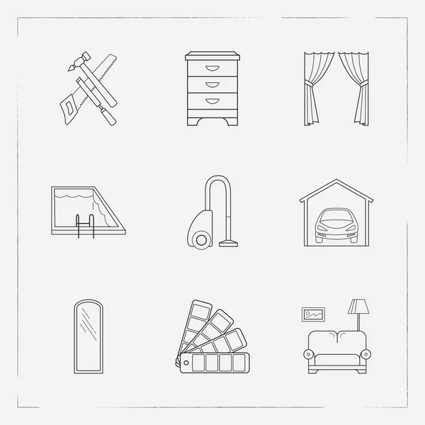 Elektrikli süpürge, garaj, havuz ve diğer simgeler web mobil app logo tasarımı için iç simgeler çizgi stili sembollerle kümesi. — Stok Vektör