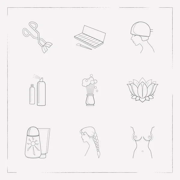 Conjunto de símbolos de estilo de linha de ícones de moda com escova de barbear, spray, frisador de pestanas e outros ícones para o design do logotipo do aplicativo móvel da web . —  Vetores de Stock