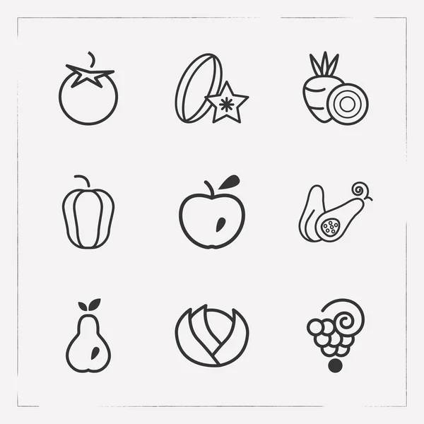 设置甜点图标线条样式符号与西红柿, 杨桃, 南瓜和其他图标为您的 web 移动应用程序徽标设计. — 图库矢量图片