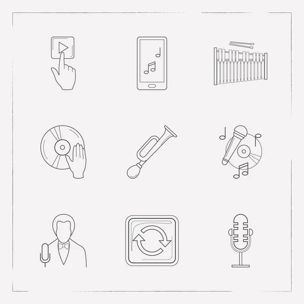 Melodi simgeler çizgi stili sembolleri ile telefon, korna, şarkıcı ve diğer simgeler web mobil app logo tasarımı için müzik seti. — Stok Vektör