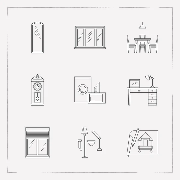 Set of interior design icons line style symbols with large size mirror, work desk, appliance and other icons for your web mobile app logo design. — Stock Vector