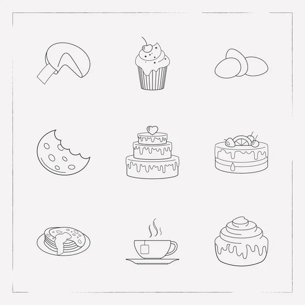 Készlet pékség ikonok vonal stílus szimbólumok fele evett, cookie, fahéjas tekercs, teáscsésze és más ikonok a webes mozgatható app logo tervezés. — Stock Vector
