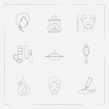 Glamour simgeler çizgi stili sembolleri yüz yağ, yüz ameliyatı, yüz Vakfı ve diğer simgeler web mobil app logo tasarımı için kümesi.