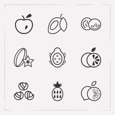 Meyve simgeler çizgi stili sembolleri ile portakal, ananas, kireç ve diğer simgeler web mobil app logo tasarımı için kümesi.