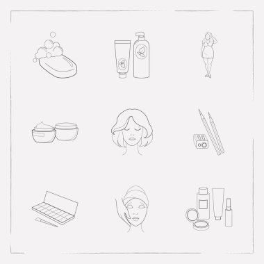 Yüz Masaj artı boyutu kız, kısa saç modeli ve diğer simgeler web mobil app logo tasarımı için güzel kutsal kişilerin resmi çizgi stili sembollerle kümesi.