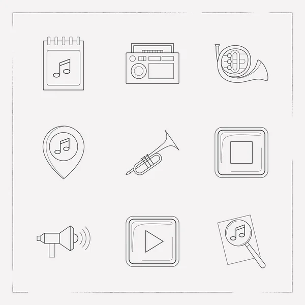 Conjunto de ícones de música símbolos de estilo de linha com música de pesquisa, botão play, alto-falante e outros ícones para o design do logotipo do seu aplicativo móvel web . —  Vetores de Stock