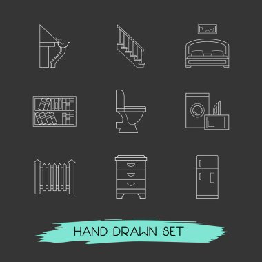 Tasarım simgeler çizgi stili sembollerle çit, buzdolabı, oluk ve diğer simgeler web mobil app logo tasarımı için kümesi.