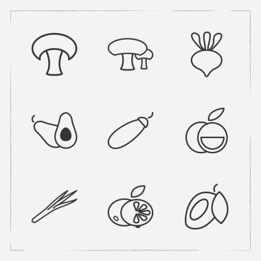 Vitamini simgeler çizgi stili sembolleri pırasa, avokado, mango ve diğer simgeler web mobil app logo tasarımı için kümesi.