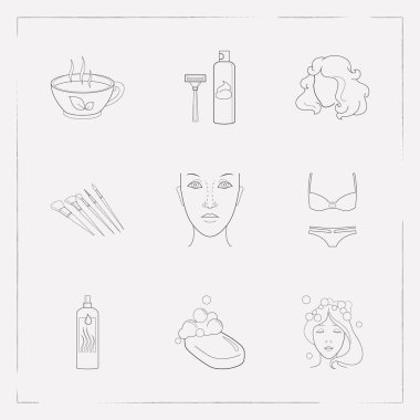 Güzellik simgeler çizgi stili sembolleri bitki çayı, burun estetiği, saç kremi ve diğer simgeler web mobil app logo tasarımı için kümesi.