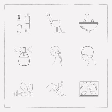 Glamour simgeler çizgi stili sembolleri kuaför koltuğu, berber, saç bakımı ve diğer simgeler web mobil app logo tasarımı için kümesi.