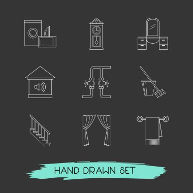 İç tasarım simgeler kümesi tarzı simgeleri merdiven, perdeler ile satır, ayna ve diğer simgeler web mobil app logo tasarımı için lavabo.