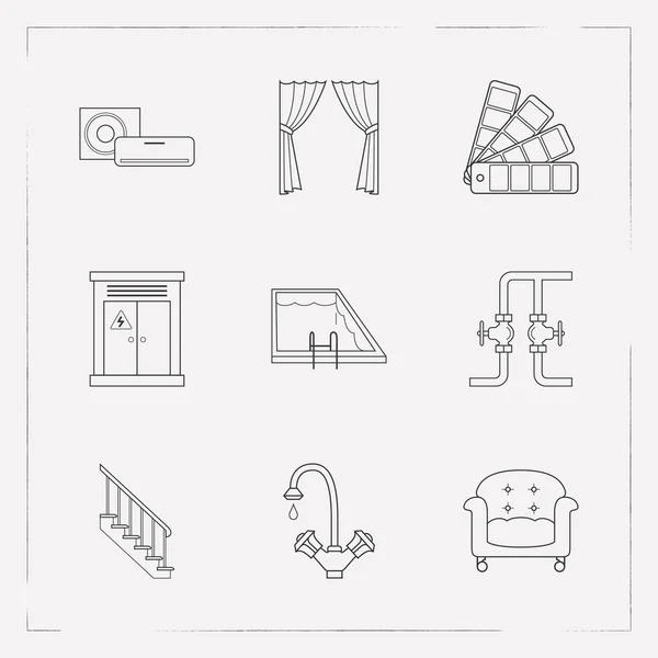 Conjunto de iconos de diseño símbolos de estilo de línea con cortinas, grúa de agua, tubería y otros iconos para el diseño del logotipo de su aplicación móvil web . — Archivo Imágenes Vectoriales