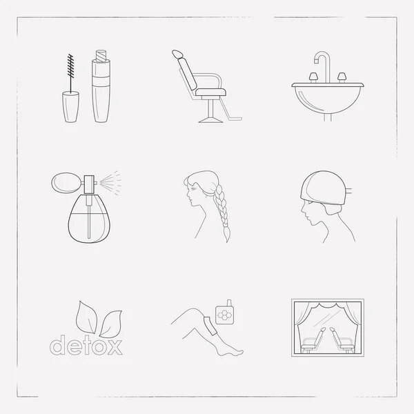 グラマー アイコン ライン スタイル理髪店の椅子、理髪店、髪のケア web モバイル アプリのロゴ デザインのため他のアイコンとシンボルのセット. — ストックベクタ