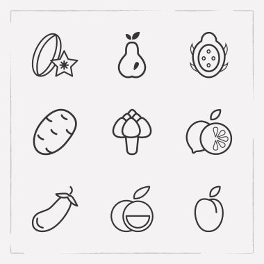 Berry simgeler çizgi stili sembolleri greyfurt, patates, dragon meyve ve diğer simgeler web mobil app logo tasarımı için kümesi.