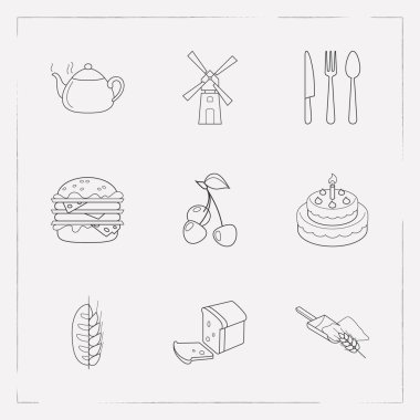 Pasta simgeler çizgi stili sembolleri kaşık, Çift burger, Çaydanlık ve diğer simgeler web mobil app logo tasarımı için kümesi.