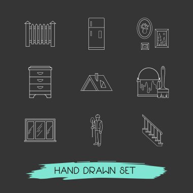 Dekorasyon simgeler çizgi stili sembolleri çatısı, çit, fırça ile kova ve diğer simgeler web mobil app logo tasarımı için kümesi.