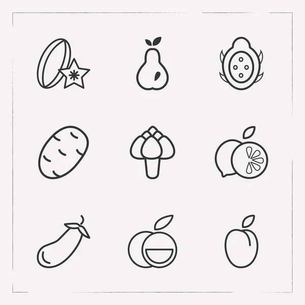 Conjunto de símbolos de estilo de linha de ícones de baga com toranja, batata, frutas de dragão e outros ícones para o design do logotipo do aplicativo móvel da web . —  Vetores de Stock