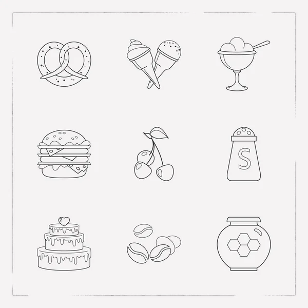 Conjunto de símbolos de estilo de linha de ícones de pastelaria com hambúrguer duplo, mel, pretzel e outros ícones para o design do logotipo do aplicativo móvel da web . —  Vetores de Stock