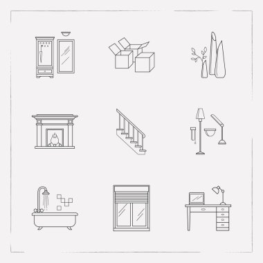 İç tasarım simgeler çizgi stili sembolleri koridor, kutuları, banyo ve diğer simgeler web mobil app logo tasarımı için kümesi.