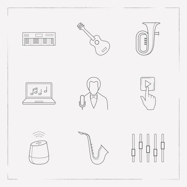 Conjunto de iconos de música símbolos de estilo de línea con tuba, cursor en el botón de reproducción, saxofón y otros iconos para el diseño del logotipo de su aplicación móvil web . — Archivo Imágenes Vectoriales