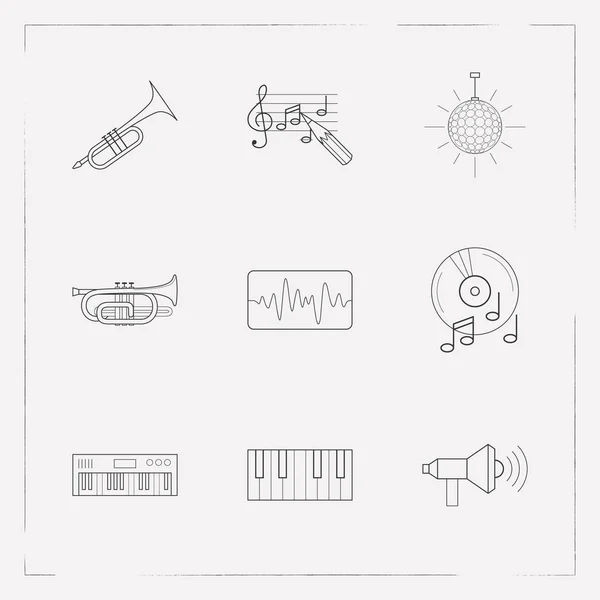 Conjunto de símbolos de estilo de linha de ícones de melodia com bola de discoteca, trompete, sintetizador e outros ícones para o design do logotipo do aplicativo móvel da web . — Vetor de Stock