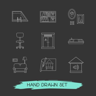 Kitaplık, alarm sistemi, tezgahlar ve diğer simgeler web mobil app logo tasarımı için iç simgeler çizgi stili sembollerle kümesi.