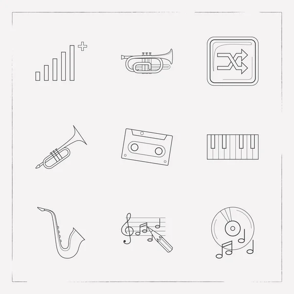 Set of audio icons line style symbols with cornet, cassette, shuffle button and other icons for your web mobile app logo design. — Stock Vector