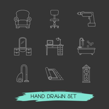 Elektrik süpürgesi, halı, ofis koltuğu ve diğer simgeler web mobil app logo tasarımı için iç simgeler çizgi stili sembollerle kümesi.