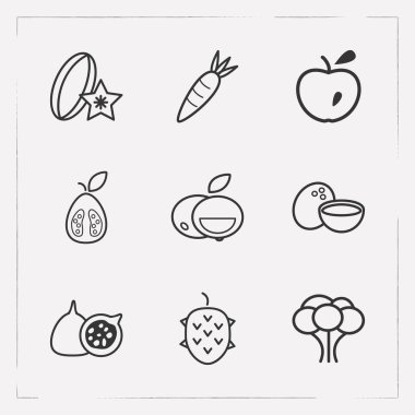 Tatlı simgeler çizgi stili sembolleri brokoli, incir, carambola ve diğer simgeler web mobil app logo tasarımı için kümesi.