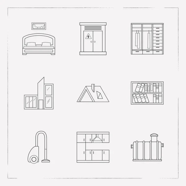 Set of interior design icons line style symbols with electricity, bookshelf, septic tank and other icons for your web mobile app logo design. — Stock Vector
